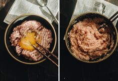 two pictures side by side one has meat and the other has an egg in it