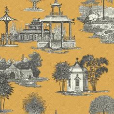 a yellow background with black and white images of buildings, trees, and other things