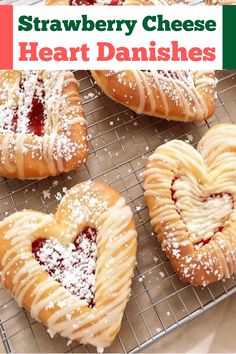 strawberry cheese heart danishes on a cooling rack