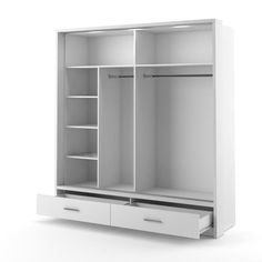 an open white closet with drawers and shelves on the bottom shelf, in front of a white background