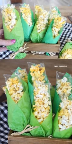 two pictures of popcorn bags filled with corn