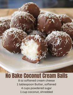 chocolate coconut cream balls on a white plate with text overlay that says no bake coconut cream balls