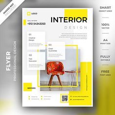 a yellow and white flyer for interior design