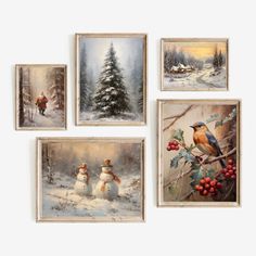 four paintings of snowmen and birds hanging on the wall