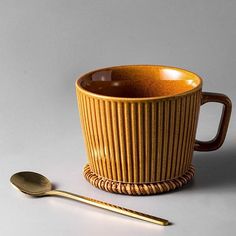 "Stoneware Striped Coffee Latte Mug with Spoon Rattan Coaster" Conventional Design, Brown Cups, Yellow Mugs, Circle Light, White Cups, Fan Lamp, Coffee Latte, Stoneware Mugs, Fan Light