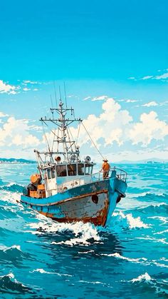 a painting of a fishing boat in the ocean