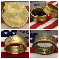 four different images of gold rings with the american flag in the back ground and on top