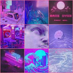 the collage shows different types of neon lights and various objects in pink, purple, blue, and green