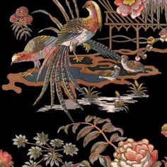 an image of a bird and flowers on a black background with gold trimmings