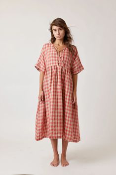 Drop sleeve loose fit linen gingham dress – amente Gingham Dress Pattern, Casual Gingham Short Sleeve Midi Dress, Casual Gingham Midi Dress With Short Sleeves, Casual Plaid Midi Dress For Daywear, Casual Linen Plaid Dress, Casual Linen Dress For Picnic, Summer Linen Plaid Dress, Summer Plaid Linen Dress, Linen Gingham Dress For Daywear