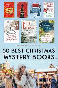 the book cover for 50 best christmas mystery books, with an image of a woman in winter