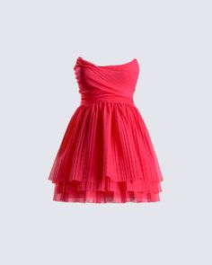 Playing dress up never truly ends 💗 Feel like a princess, and have everyone treating you like one too in this strapless, voluminous tier hot pink mini dress made with tulle fabric 👑 Bright Pink Hoco Dress, Red Pink Dress, Pink Hoco Dress, Rosette Dress, White Corset Dress, Hot Pink Mini Dress, Tulle Mini Dress, Cute Homecoming Dresses, Pink Mini Dress