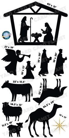 the silhouettes of christmas nativity and animals