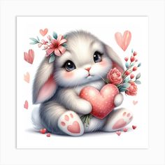 a painting of a bunny holding a heart with flowers in it's paws and surrounded by hearts