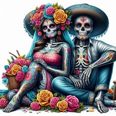 two skeletons sitting next to each other with flowers in their hair and one skeleton wearing a hat