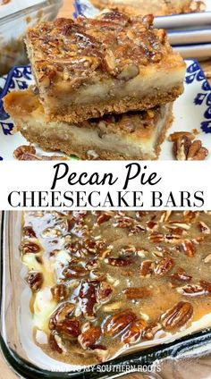 pecan pie cheesecake bars are stacked on top of each other and ready to be eaten