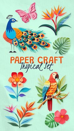 paper craft tropical set with colorful birds and flowers