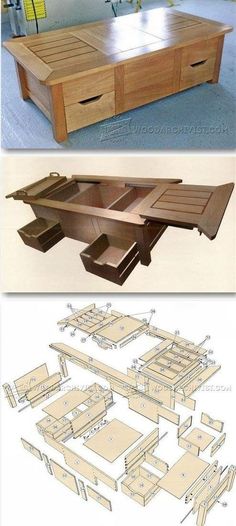 the plans for a coffee table are shown in three different views, including one with drawers and