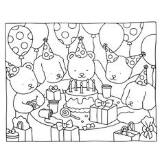 a birthday cake with balloons and bears on it is outlined in the shape of a coloring page