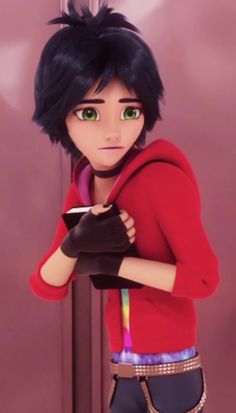 an animated character with black hair and green eyes, wearing red hoodie and gloves