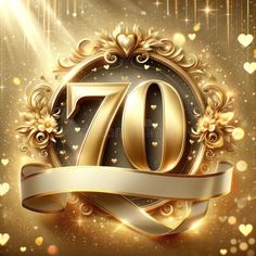 the seventyth anniversary logo with gold hearts and sparkles on a dark background royalty illustration