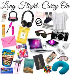 the words long flight carry on are surrounded by various items and things to pack in