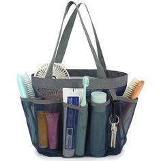 a blue tote bag filled with personal care items