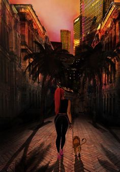 a woman is walking her dog down the street at night with buildings in the background