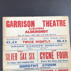 an old concert ticket for garrison theatre, aldershot and silver six sixty years ago