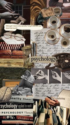 collage of books, papers, and coffee cups with words on them that read psychic