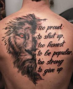 a man with a lion tattoo on his back that says, too proud to shut up the