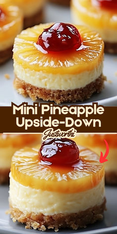 mini pineapple upside down cheesecakes with cherries on top and the words, mini pineapple upside down below