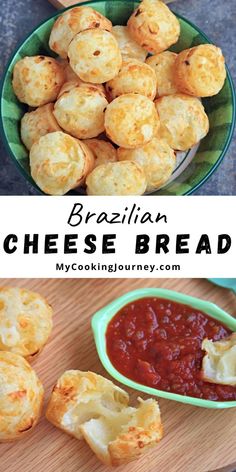 the recipe for brazilian cheese bread is in a green bowl and on a wooden cutting board