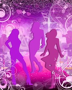 silhouettes of three women dancing in front of a purple background with hearts and swirls