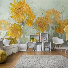 a living room with sunflowers painted on the wall