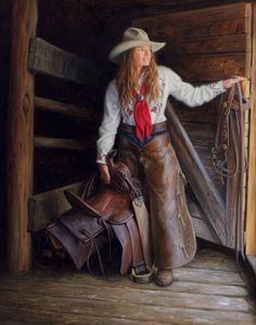 a painting of a woman in cowboy attire leaning on a barn door holding a saddle