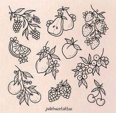 various fruits and berries are drawn in black ink on a white paper with the words jadenhet tattoo