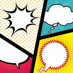 pop art comic book panels with speech bubbles and stars in the background, one has an empty thought bubble