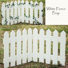 a white picket fence with ivy growing on it and the top one is cut in half