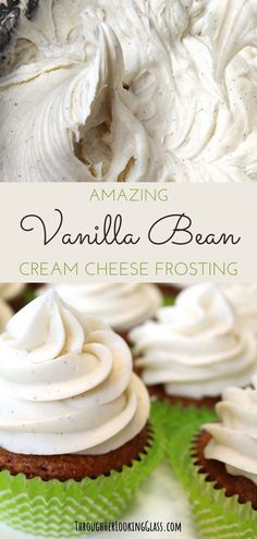 vanilla bean cream frosting on top of cupcakes with the title overlay