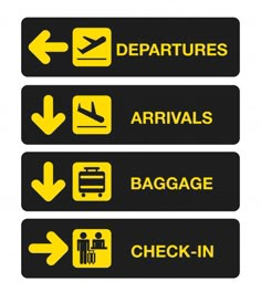 three black and yellow signs with arrows pointing to departures, arrivals, baggage check - in