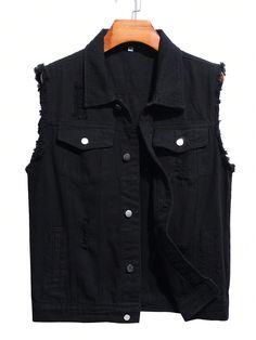 Men's Plain Sleeveless Denim Jacket For Daily Wear Black Casual  Sleeveless Woven Fabric Plain vest Non-Stretch  Men Clothing, size features are:Bust: ,Length: ,Sleeve Length: Vintage Leather Vest, Trendy Vest, Mens Fashion Vintage, Cargo Vest, Distressed Jean Jacket, Casual Vest, Raw Denim, Cool Sweaters