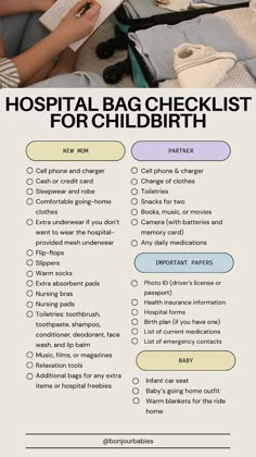 the hospital bag checklist for child birth is shown in this graphic above it's contents