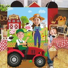 two children are standing in front of a farm scene with a tractor and farmer's sign