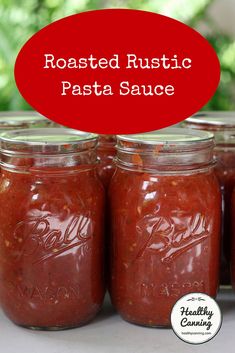 four jars of roasted rustic pasta sauce with a red speech bubble over the top that says roasted rustic pasta sauce