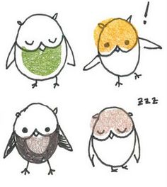 four different colored birds sitting next to each other on a white surface with words written below them