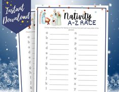 a printable nativity - a - race game for kids to play in the snow