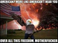 the bald eagle is holding an american flag in front of a house with fireworks behind it