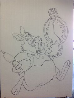 a drawing of a rabbit holding an alarm clock