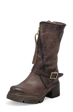 A buckle strap highlights the asymmetric zipper of an artisan-crafted boot grounded by a lightly cushioned footbed and lug sole. 2 1/2" heel; 1 1/2" platform 9" shaft; 12" calf circumference Cushioned footbed Leather upper and lining/rubber sole Imported Chocolate Brown Boots, Brown Boots Women, Lug Sole Boots, Fabric Gift Bags, Black Square, Moto Boots, Lug Sole, Platform Boots, Brown Boots